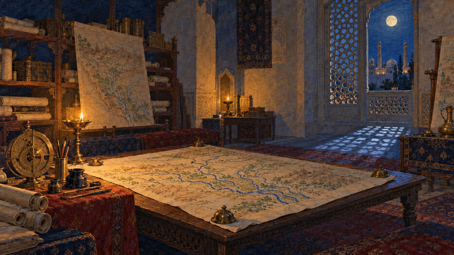 The imperial map workshop at night: a great map of five rivers on a low table, lit by oil lamps and moonlight