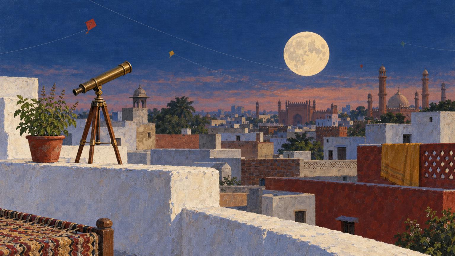 The full Moon rising over old city rooftops at dusk, a brass telescope on a parapet and kites in the sky